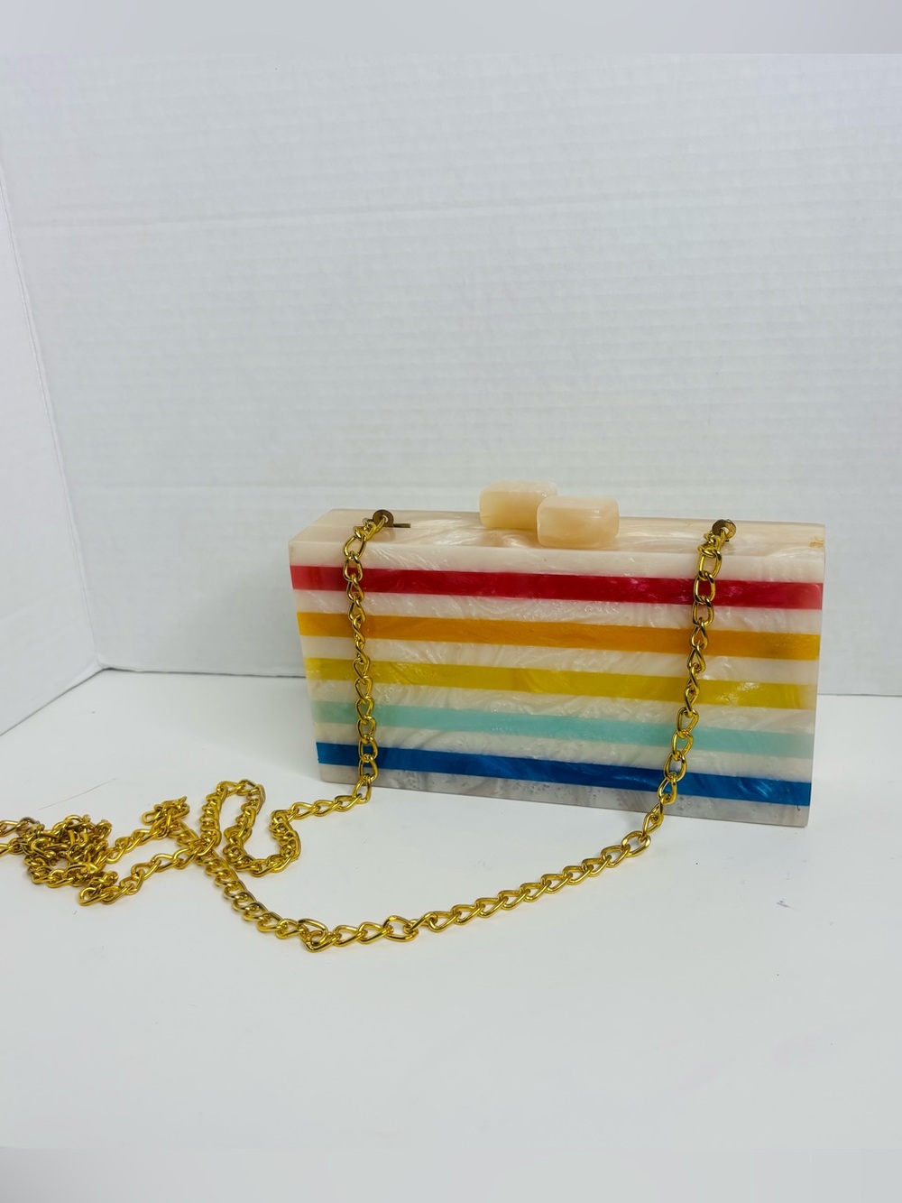 Striped Resin Box Clutch with Gold Chain - Multicolor